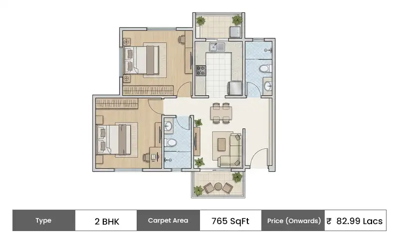 Hiranandani Krisala Township 2 BHK Small floor plan, 765 sq ft carpet area