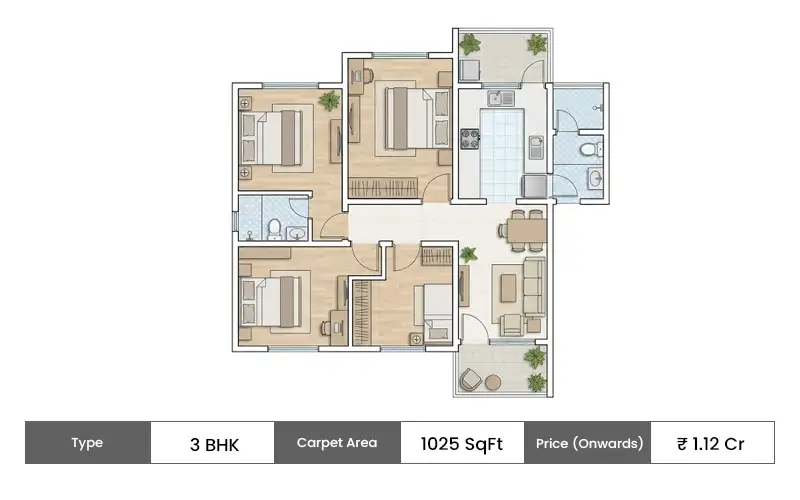 Hiranandani Krisala Township 3 BHK Small floor plan, 1025 sq ft carpet area